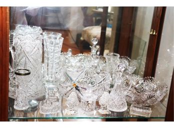 Lovely Lot Of Etched Crystal Pieces Including 2 Bowls, Pitcher & Salts