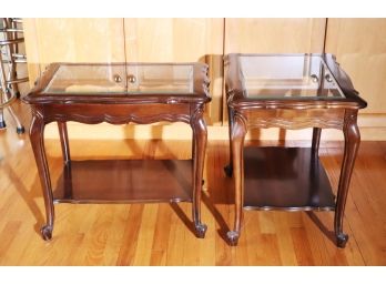 Pair Of Traditional Style Wood & Glass Top Side Tables With Bottom Shelf