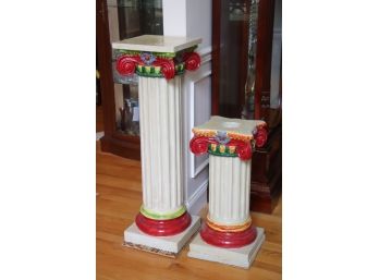 Two Fancily Painted Corinthian Column Pedestals Or Plant Stands