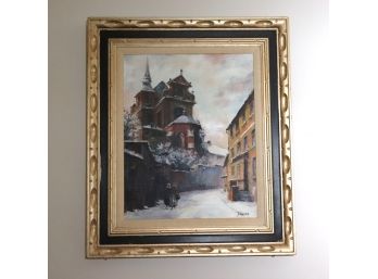 Signed Painting Of European Basilica In Wintertime By J. Lucas