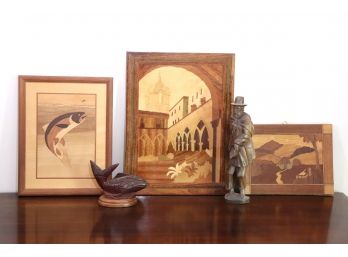 Group Of Inlaid Wood Wall Art Featuring Italian Finely Detailed Gothic Courtyard & 2 Carved Wood Figurines