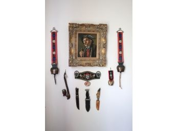 Lot Of Austrian Or German Items With Painting Of Gentleman, Decorative Bells & Collectable Knives, Pipe & M