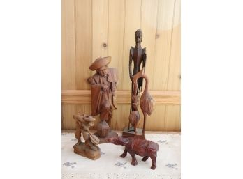 Lot Of Carved Decorative Wood Items Featuring A Knight, Traveling Musician, Farmer, Birds & Water Buffalo