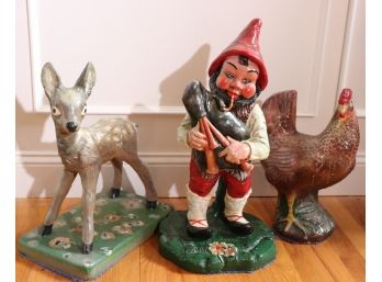 Group Of Painted Figurines Featuring Gnome With Bagpipes, Doe & Hen