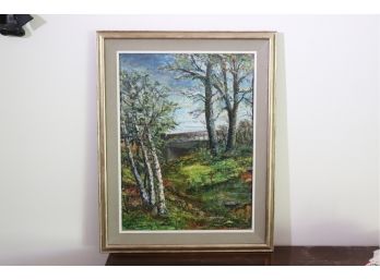 Textured Landscape Painting Signed By The Artist With Verdant Forest & Birch Trees