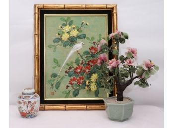 Glass Jade Tree With Shogun Dynasty Ginger Jar & Signed Asian Painting