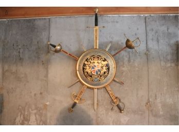 Fabulous Painted Metal Shield & Swords With Family Crest