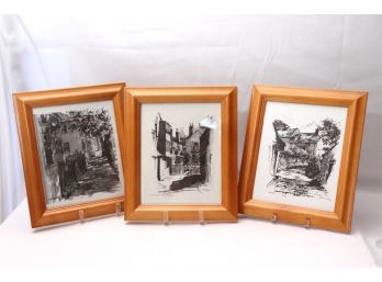 Lot Of 3 Artwork By F. M. Rines In Light Wood Frames