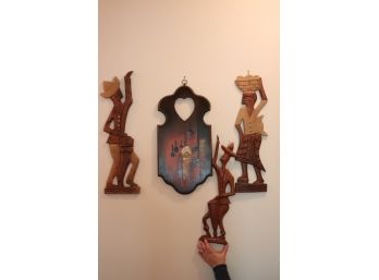 Lot Of 3 Hand Carved Wall Figures Signed Dufort, & Wall Plaque With Painted Scene Of Children