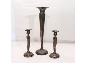 Tall Antique Sterling Silver Vase With Bellflower Incised Design & Pr. Of Sterling Weighted Candlesticks