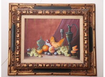 Signed Still Life Painting With Luscious Fruits & Celebratory Ewer In Wood Frame