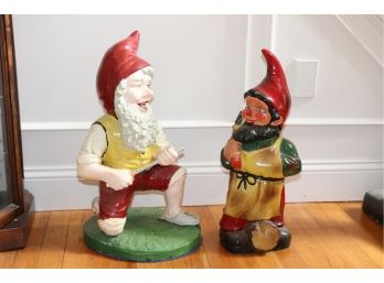 Two Charmingly Painted Cement Garden Gnomes