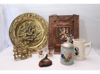 Mixed Lot Includes Brass Embossed Hunter Plate, Copper Wall Hanging, 2 Steins & Agate Ashtray With Fox