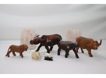 Natural Pink Quartz Bookends & Carved Wood Animal Figurines & More