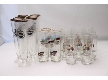 Large Group Of Vintage German Pilsner, & Beer Glasses With Monk Decals Along With 7 Bavarian Inn Glasses