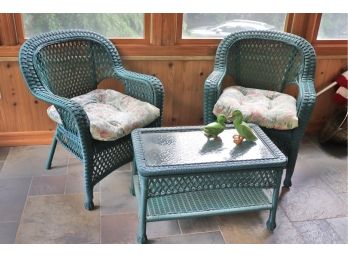 Pair Of Weather Wicker Green Chairs & Coffee Table Great For Indoor/Outdoor