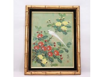 Signed Asian Watercolor Of Beautiful Flowers & White Bird Of Paradise In Bamboo Style Frame