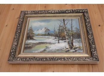 Signed Winter Landscape With Snow Topped Mountain In Gold Frame