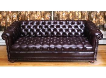 Vintage Chesterfield Sofa In Rich Deep Toned Burgundy Leather