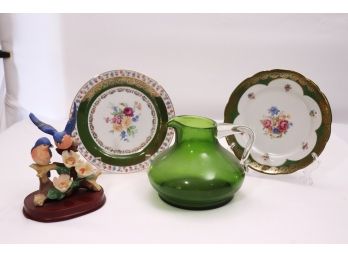 Four Pieces Including Handmade Green Glass Pitcher, 2 Bavarian Plates & Hand Painted Bird Figurine