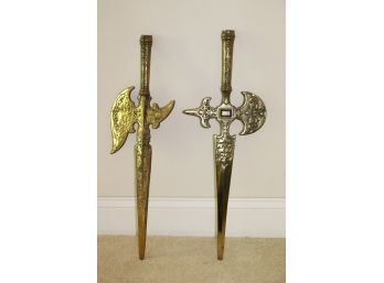 Pair Of Decorative Brass Colored Metal Saber Swords With Handles