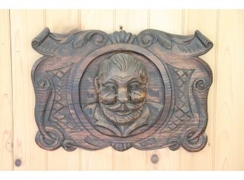 Scroll Shaped Carved Wood Wall Plaque Of Early 20th Century Gentleman