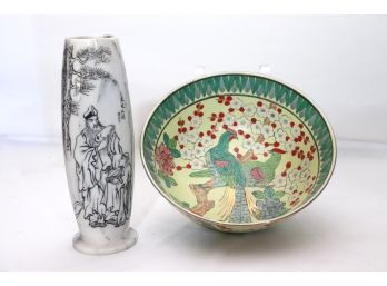 Elegant Marble Vase With Carved Asian Scholars & Hand Painted Bowl With Peacocks