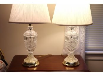 Pair Of Etched Glass Table Lamps With Lightly Pleated Shades