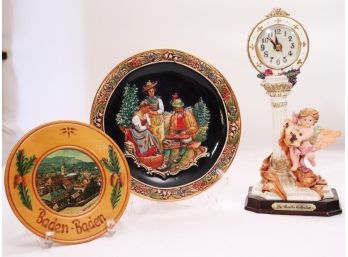 Group Of Vintage Items Including 2 German Steins, German Plates & Cherub Clock