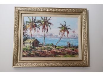 Vintage Painting Of Tropical Island Landscape With Palm Tree Signed V. Ayres