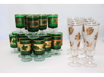 Set Of 22 Green & Gold Stemmed Glasses & 8 Gold Frosted Pilsner Glasses