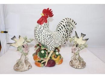 Fitz & Floyd Porcelain Rooster & 2 Birds In Flight Figurines