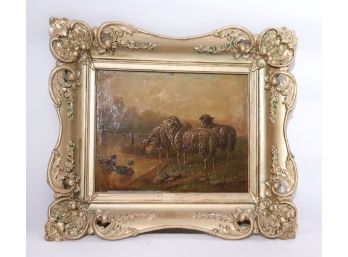 Signed Antique Painting Of Sheep In Decorative Gold Frame