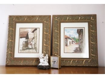 Two Watercolor Paintings In Decorative Gold Frame, German Quartz Carriage Clock & Porcelain Figurine