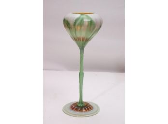 Beautiful Opalescent Art Glass Tulip Shaped Vase With Delicate Leaf Design & Gilt Interior, Signed & Numbered