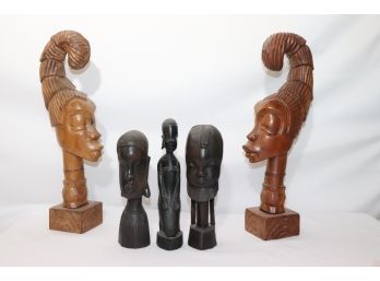 Lot Of 5 African Carved Wood Statues With Elaborately Styled Headdress