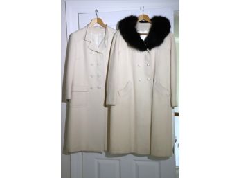 Two Nice Vintage Off White Ladies Coats Including Kay McDowell Original With Black Fur Collar