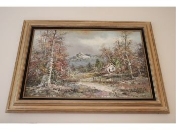 Signed Painting Of Mountain Scene With Cottage
