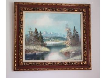 Landscape Painting Of Mountains & Stream, Signed By Re-known TV Personality Bob Ross