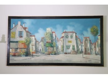 Original Oil Painting Of European Village With Cafe & Hotel Signed By Artist