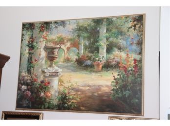 Print On Plaque Of Lovely Villa Garden With Flowering Plants