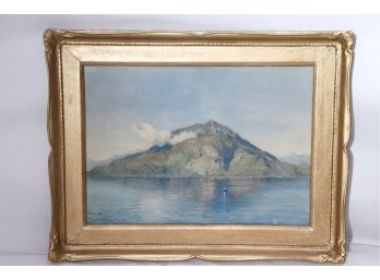 Signed & Dated Watercolor Of Mountainous Volcanic Island In Gold Frame, Varenna, Italy 1876