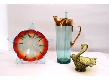 Nice Assortment Of Vintage Glass Pieces With Murano Glass Candy Dish, Teal & Gold Pitcher & Stirrer & Fenton S