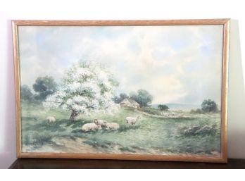 Bucolic Watercolor Of Grazing Sheep & Flowering Tree Signed Sedgwick