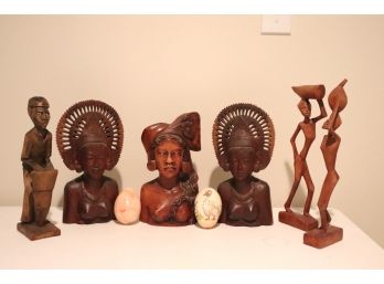 Lot Of 6 Hand Carved Balinese Wood Figures With Authentic Details & 2 Decorative Eggs
