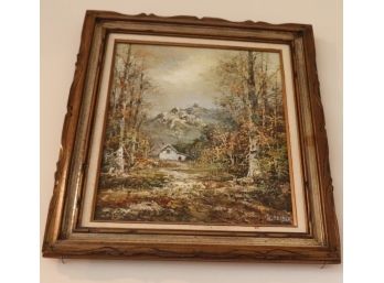 Signed Landscape Painting Of Cottage In The Forest With Mountains In The Background