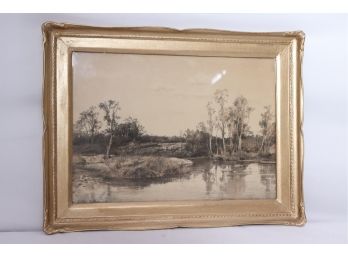 Anton Melbye, Listed Danish Artist Pencil Drawn Landscape With Pond In Gilt Frame