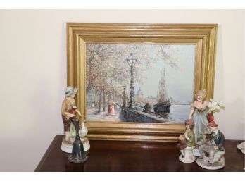 Artwork With 4 Bisque Figurines & Bell