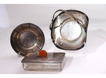 Sterling Bowl By PS & Co, Small Sterling Basket With Handle & Art Deco Glass Box With Silver Plated Lid
