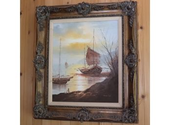 Signed Painting Of Chinese Boats On A Lake At Sunset, Complemented By Baroque Style Frame